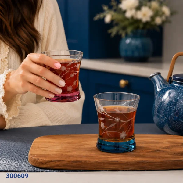 طقم أكواب شاي أزور حفر ملون 6 قطع 420014 تركي | أكواب شاي زجاج فاخرة