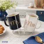 طقم مجات خزف Mr & Mrs مع حامل معدني قلب كود 910194 | بيت الحاجة