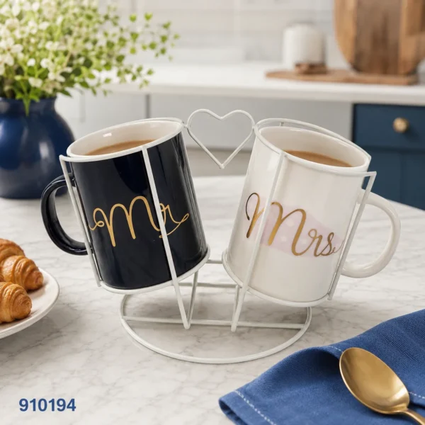 طقم مجات خزف Mr & Mrs مع حامل معدني قلب كود 910194 | بيت الحاجة