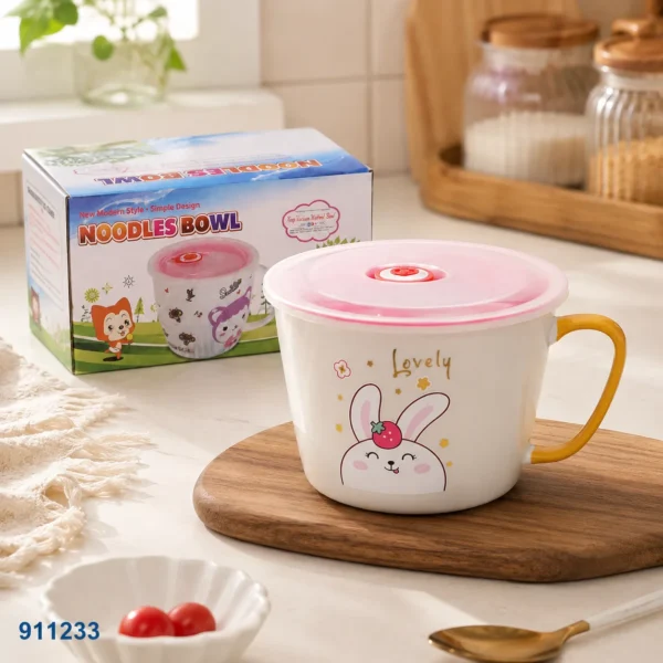بولة نودلز بيد وغطاء وردي بطبعة أرنب Lovely | بيت الحاجة
