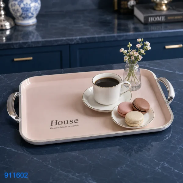 صينية تقديم مستطيلة كبيرة House وردي بمقابض فضي | بيت الحاجة