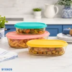 ⁦طقم علب حفظ طعام زجاج دائرية 3 قطع بأغطية ملونة | بيت الحاجة⁩ - الصورة ⁦2⁩