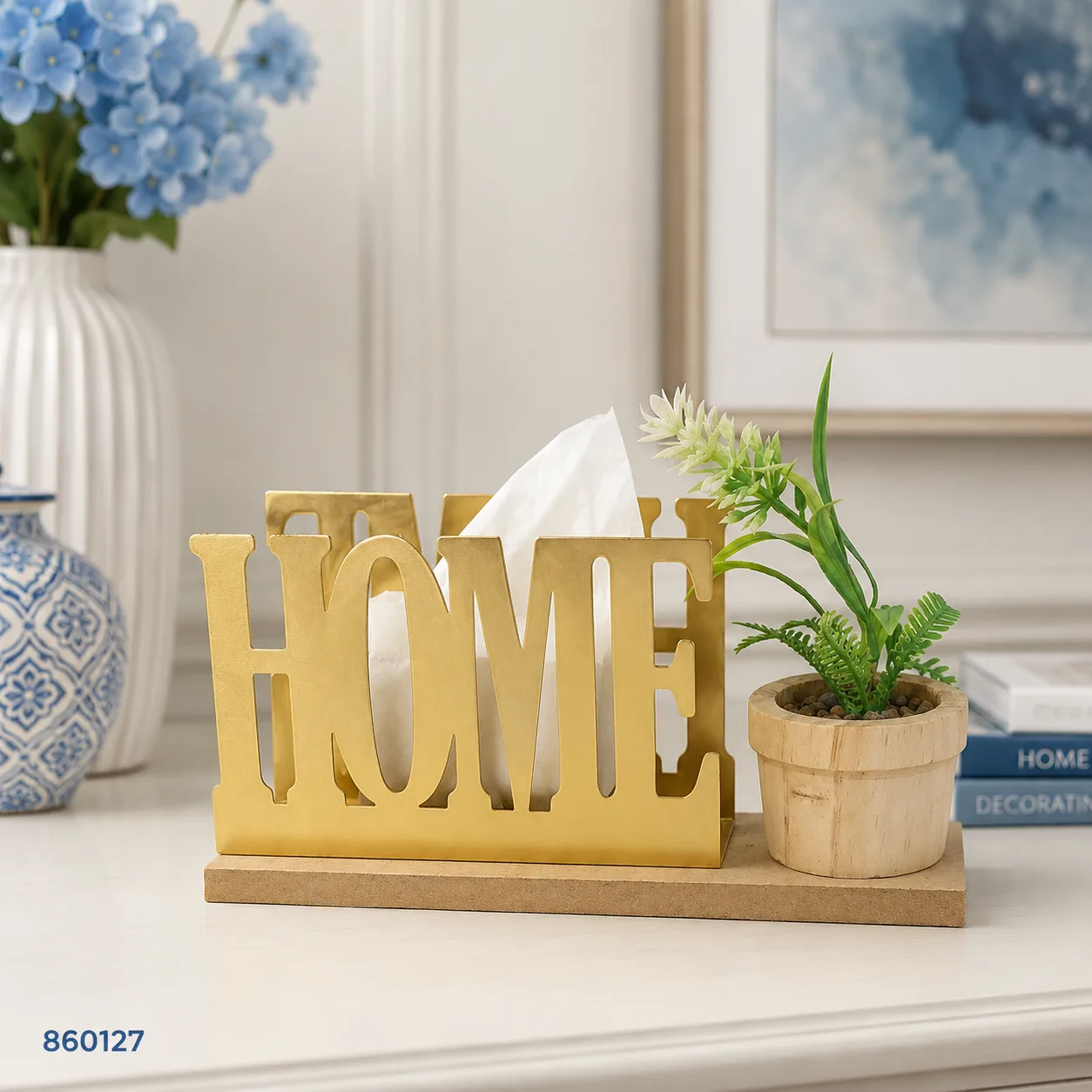 860127_1 حامل مناديل وورد صناعي ديكور HOME ذهبي | بيت الحاجة - Image 1