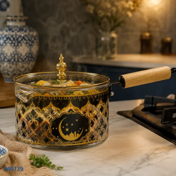 كسرولة زجاج بغطاء ويد خشب زخارف رمضانية | بيت الحاجة