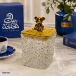 برطمان ديكور شفاف بغطاء ذهبي وتفصيلة دب | بيت الحاجة